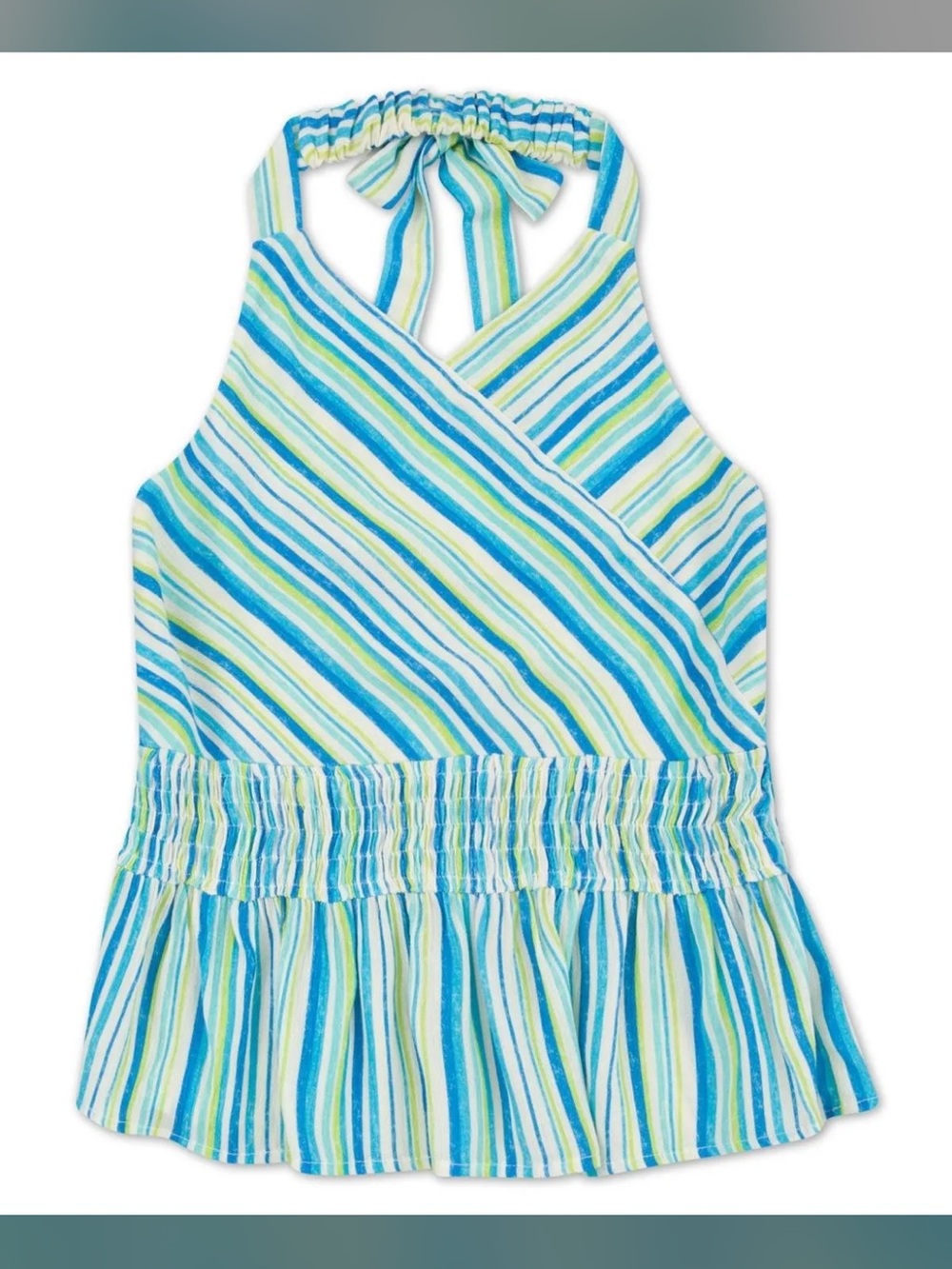 Speechless Smocked Elastic Waist Striped Halter Top - Teal Cobalt